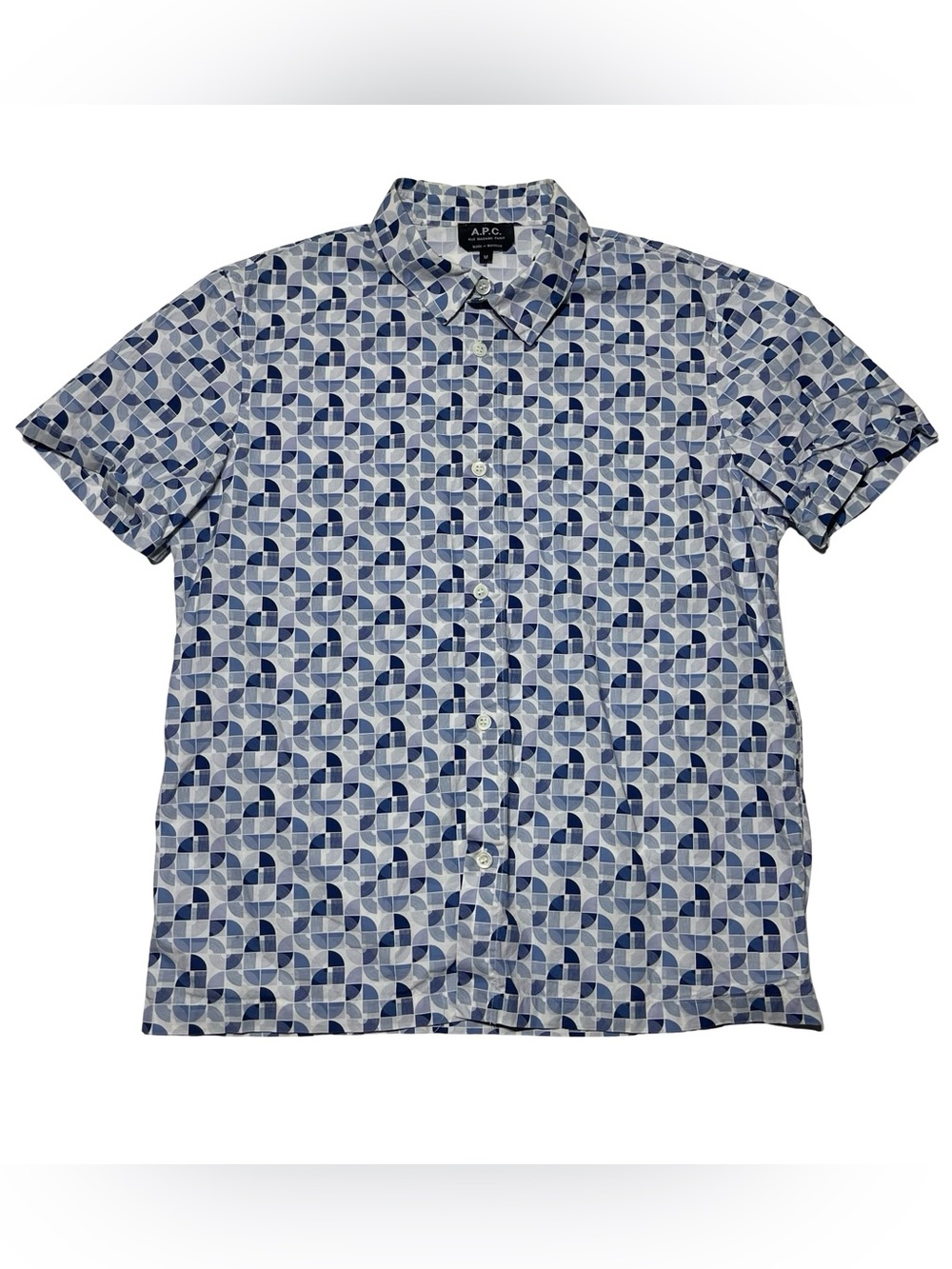 A.P.C APC Men's Size M Blue White Geometric 100% Cotton Short Sleeve Shirt